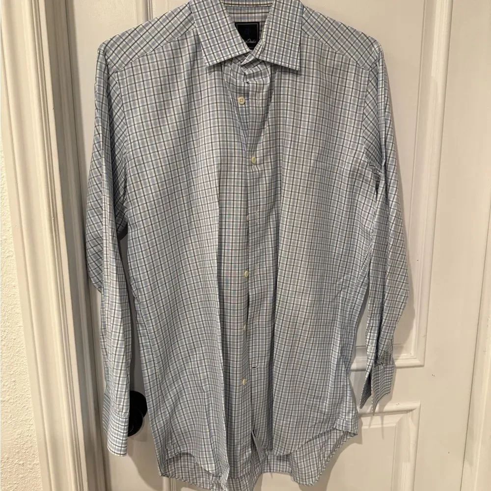 David Donahue Light Blue Plaid Dress Shirt
